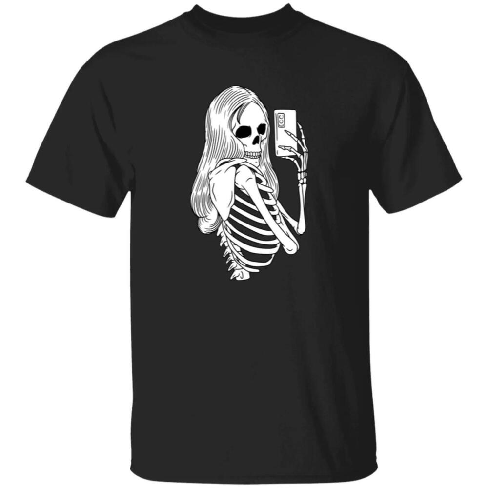Skeleton Selfie Graphic T-Shirt, Gothic Woman Black Tee, Alternative Streetwear